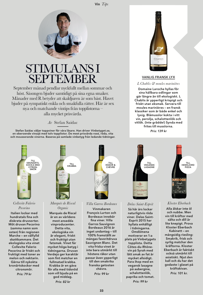 Vinbetyget tipsar: Viner & matchande rätter i Stockholmsmagasinen september 2017 