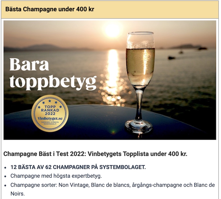 champagne-topplistan med en bild på ett glas i solnedgången