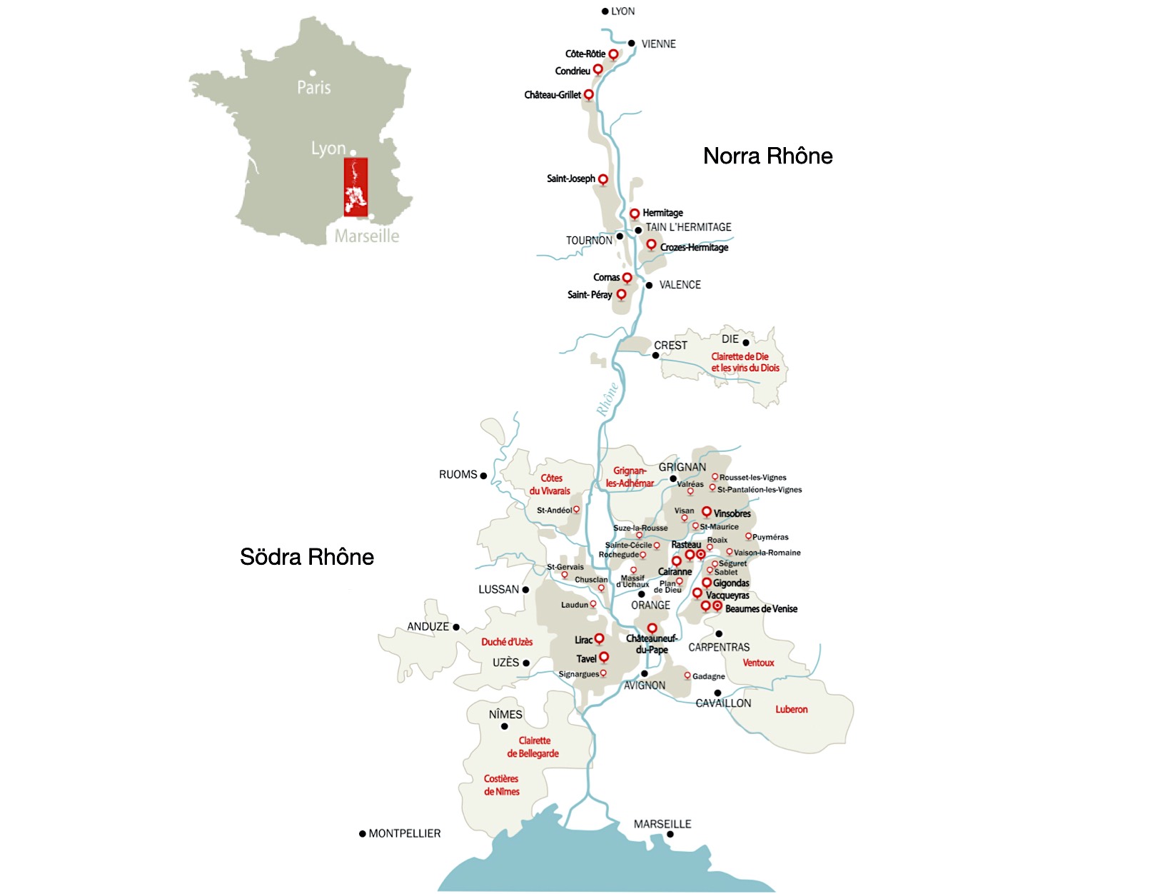 Karta över Côtes-du-Rhône med norra och södra delen