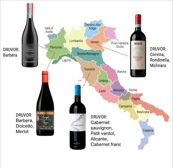 Italiens främsta vinregioner med Piemonte, Toscana och Venetien.