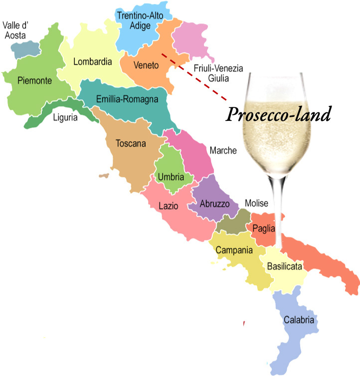 Karta över Italien med regionen där prosecco framställs