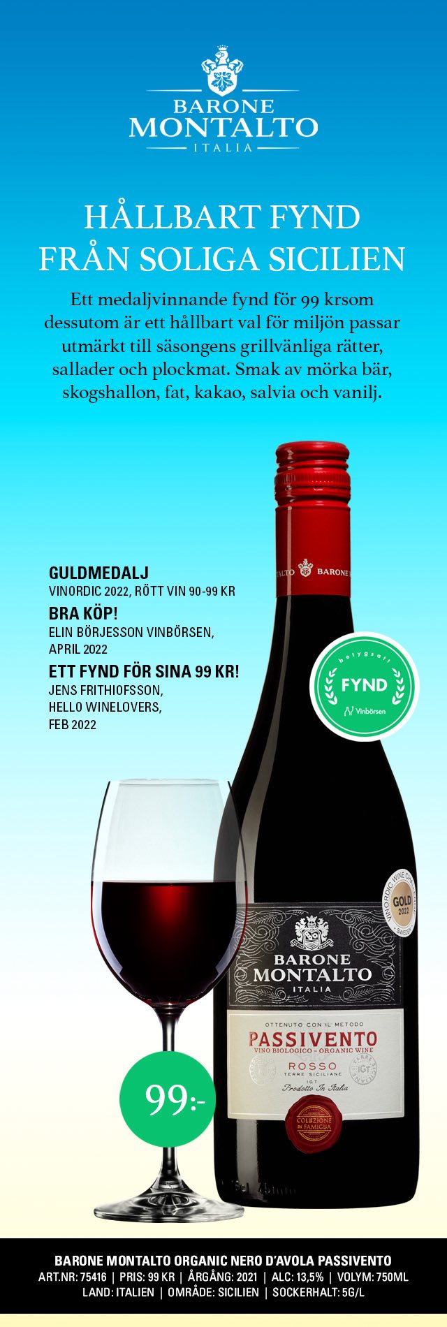 Rött vin från Italien med bra pris: Barone Montalto 99 kr 